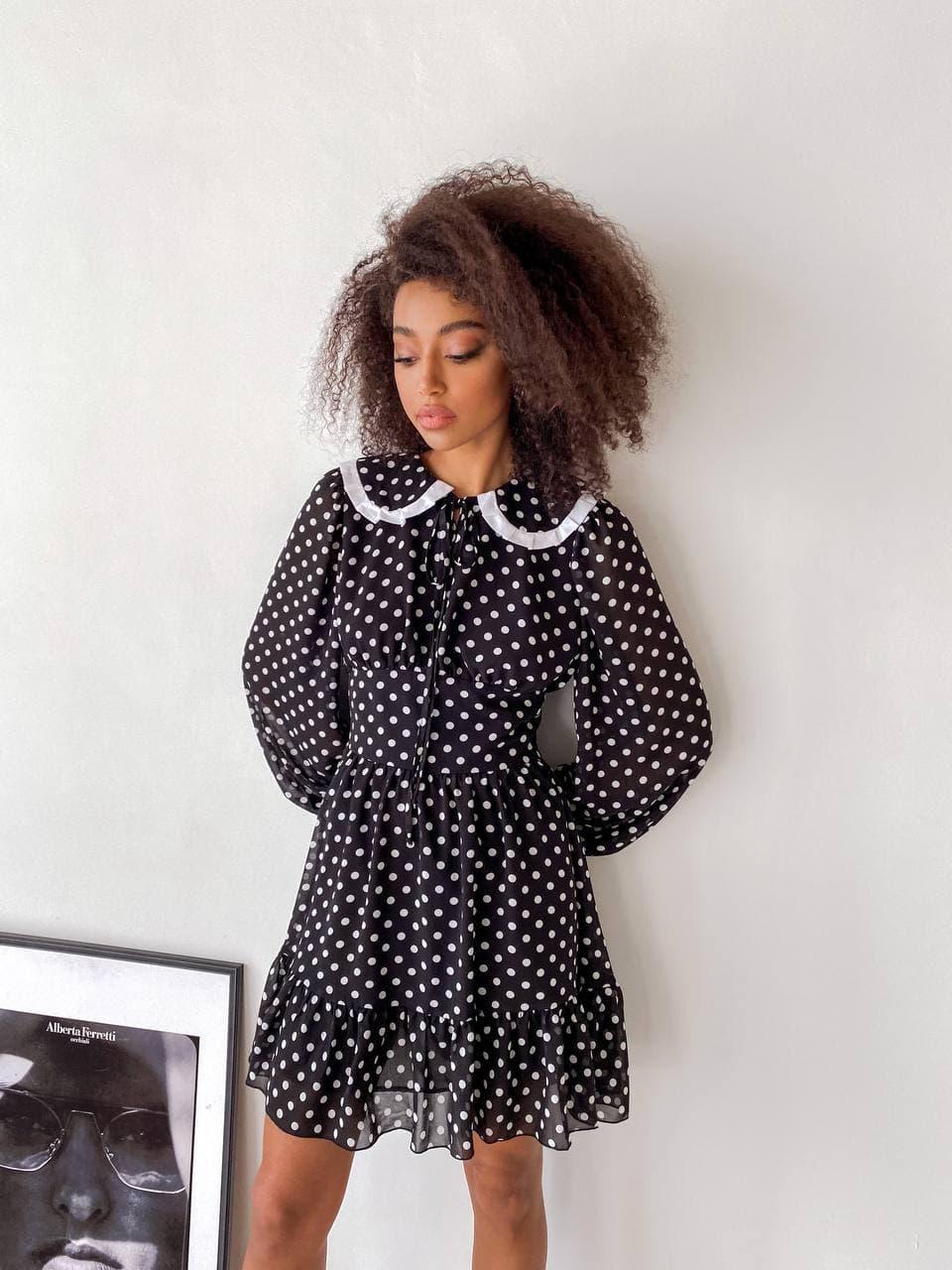 Плат’є Маргаритка горох жіноче з мультишифону з комірцем у горошках з обборками Smdi5719