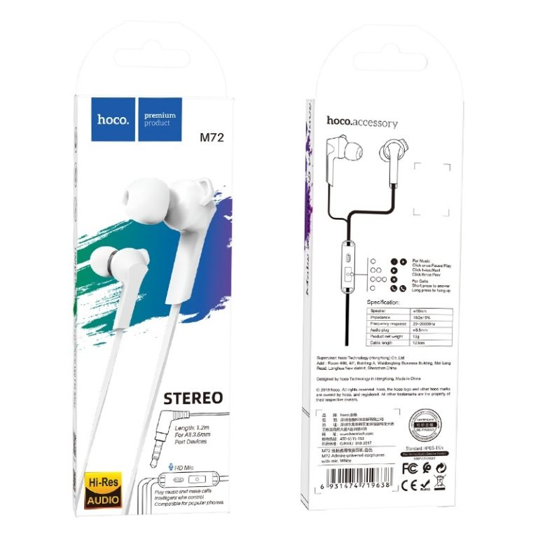 Навушники вакуумні з мікрофоном гарнітура HOCO Admire with mic Hi-Res M72 Білий, фото 1