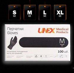 Рукавички нітрилові чорні: UNEX (в уп. 100 шт.), неопудрені, нестерильні розмір: S