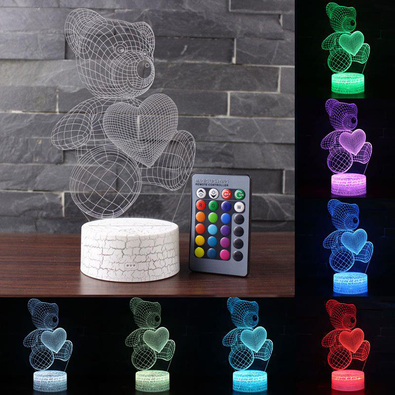 3D світильник Ведмедик Love з пультом ДУ. Нічник настільний 3D лампа, фото 1