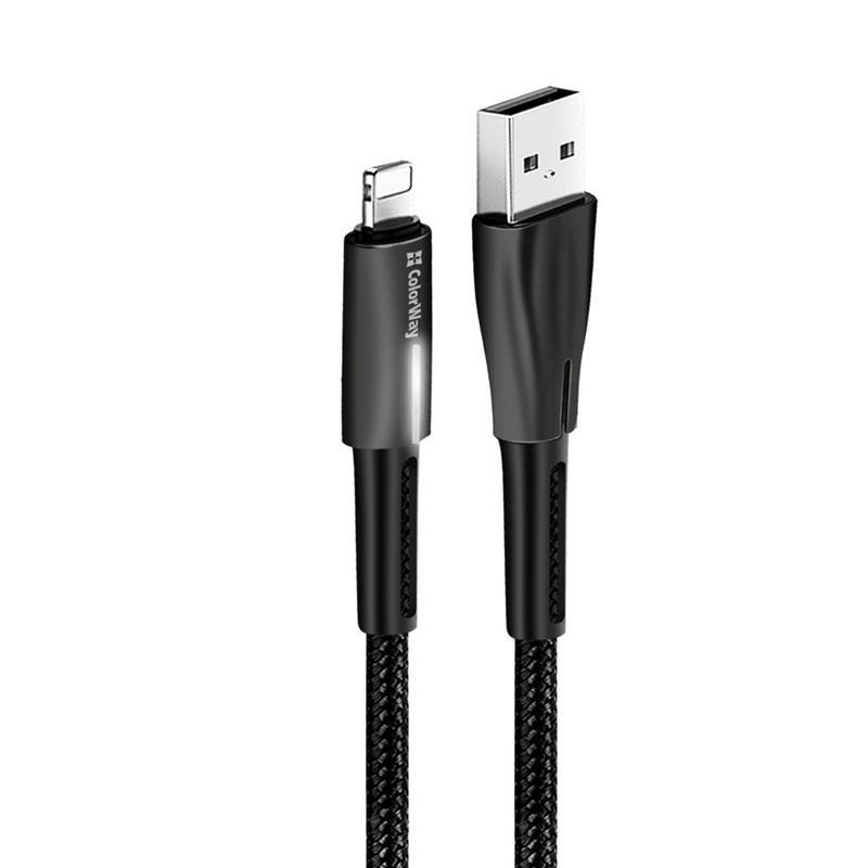 Кабель ColorWay USB-Lightning 2.4А 1m Zinc Alloy Led Black (CW-CBUL035-BK)