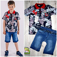 Літній костюм для хлопчика: футболка з коміром і джинсові шорти з поясом