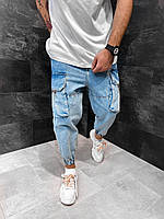 Мужские стильные широкие джинсы , MOM (синие) карго с каарманаами