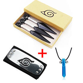 Фірмовий Набір Наруто: 3 Білих Кунаї + Пов'язка Наруто + Синій Кулон в Коробочці для Подарунку | Naruto Anime Cosplay