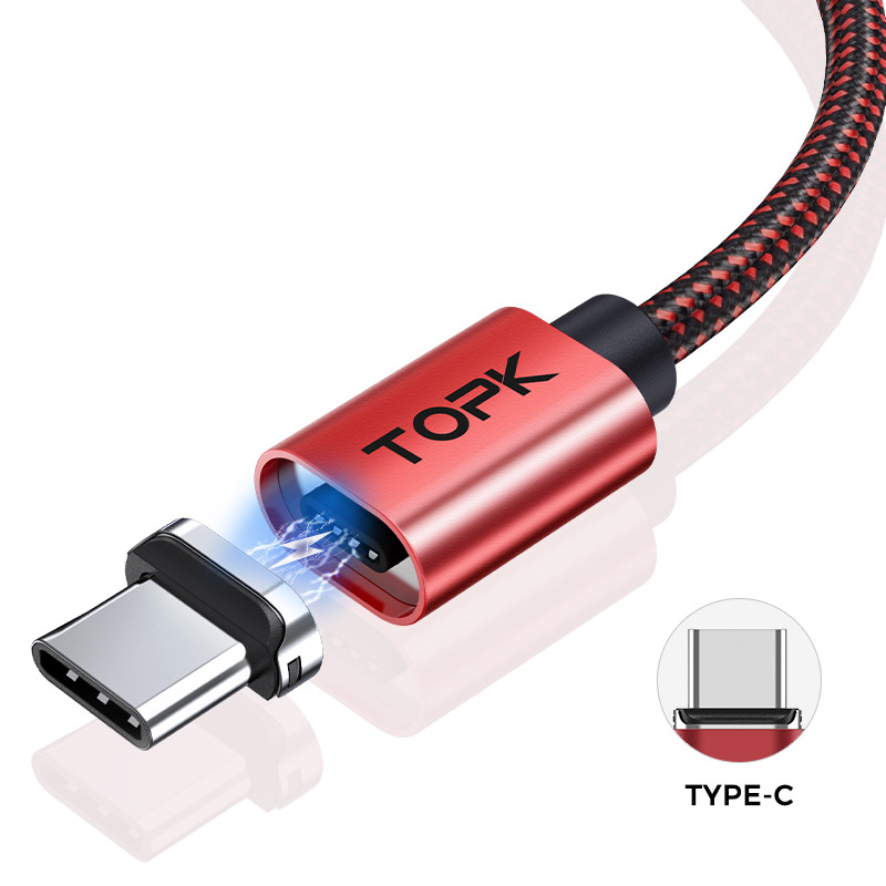Магнітний дата-кабель 1 метр TOPK AM45 Type-C Червоний Швидка зарядка QC3.0 + передача ОВАЛЬНИЙ