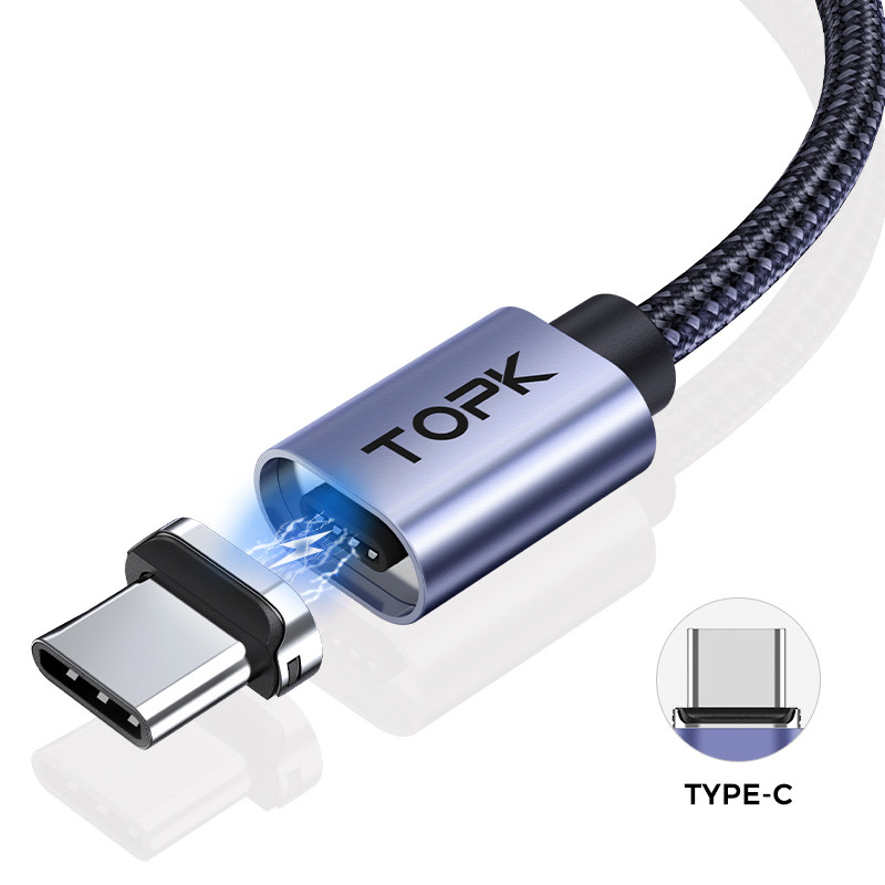 Магнітний дата-кабель 2 метра TOPK AM45 Type-C Сірий Швидка зарядка QC3.0 + передача ОВАЛЬНИЙ