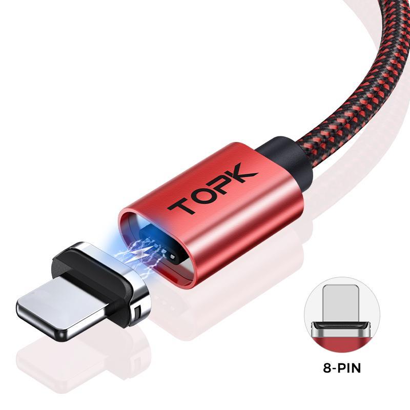 Магнітний дата-кабель 1 метр TOPK AM45 Lighting (iPhone) Червоний Швидка зарядка + передача ОВАЛЬНИЙ