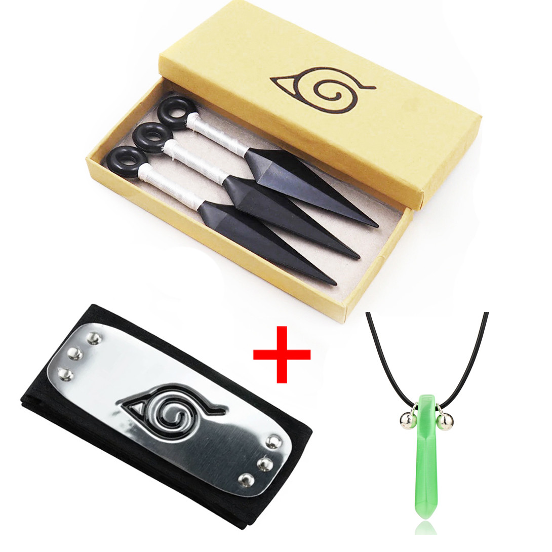 Фірмовий Набір Наруто: 3 Білих Кунаї + Пов'язка Наруто + Зелений Кулон в Коробочці для Подарунку | Naruto Anime Cosplay, фото 1