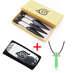 Фірмовий Набір Наруто: 3 Білих Кунаї + Пов'язка Наруто + Зелений Кулон в Коробочці для Подарунку | Naruto Anime Cosplay