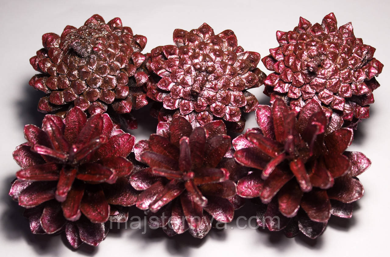 Соснова Шишка (6 шт в упаковці) натуральна покрита червоною перламутровою фарбою, фото 1