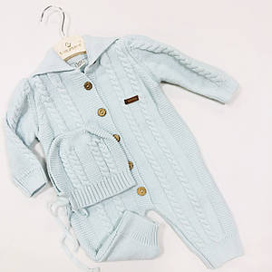 В'язаний комбінезон демісезонний 2 косички блакитний Розмір 0-3 м (56 см), 3-6 м (62 см), 6-9 м (68 см)