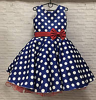 Подростковое нарядное платье для девочки в горох Стиляги 9-10 лет, синего цвета