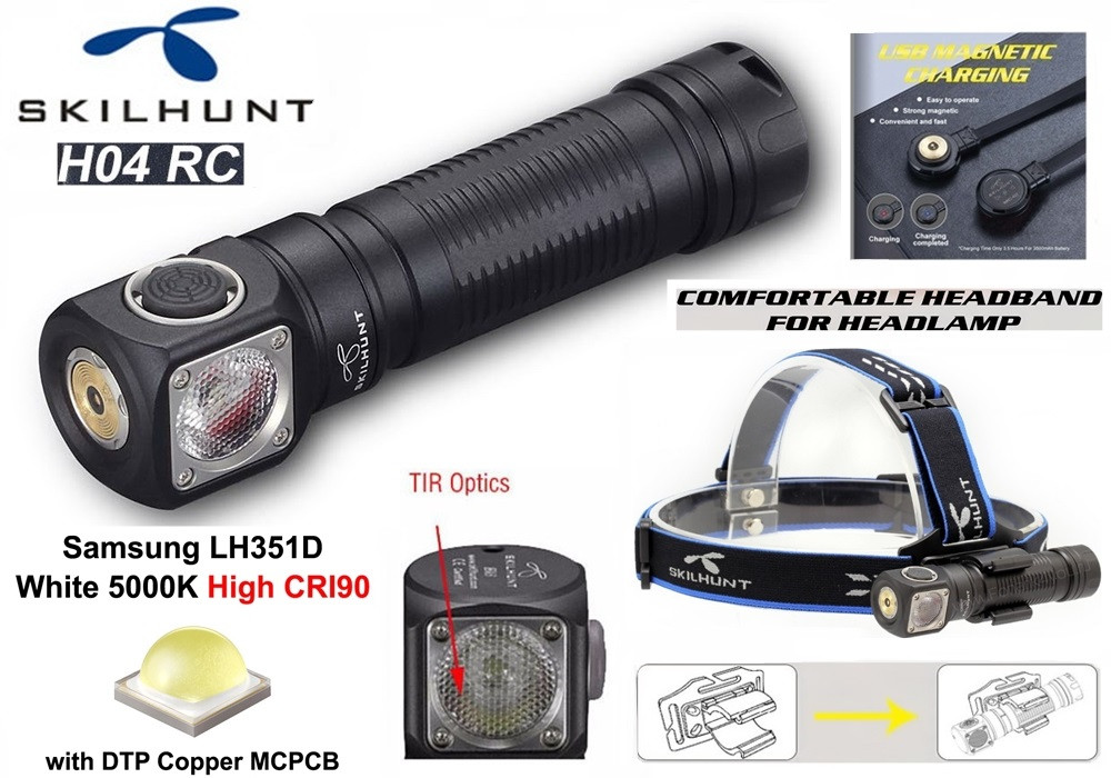 Налобний ліхтар SKILHUNT H04 RC+Магнітна зарядка (1200LM, HIGH-CRI Samsung LH351D LED, IPX8, Магніт, NW, TIR)