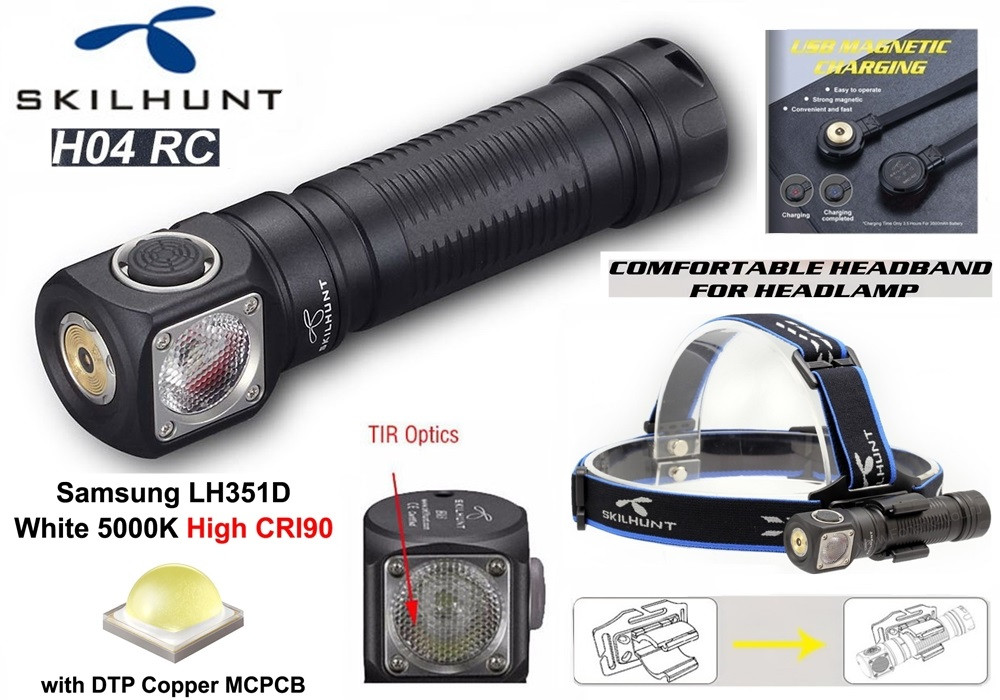Налобний ліхтар SKILHUNT H04 RC (1200LM, Samsung LH351D HIGH-CRI LED, 5000k, IPX8, TIR, Магніт, Магнітна зарядка)