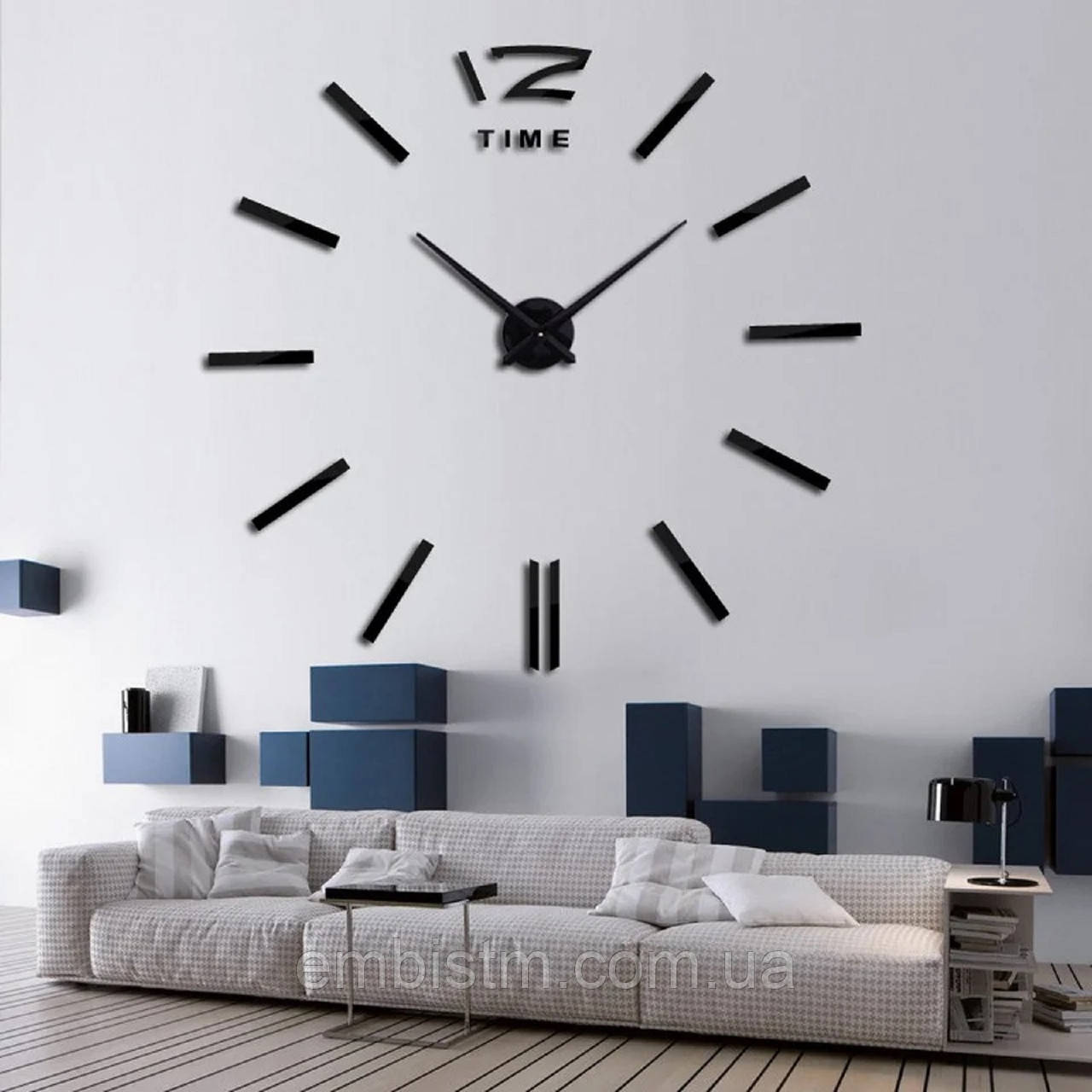Годинники настінні 3D DIY Clock Великі Чорні Стрілка 31 см Незвичайні 3Д Наклейка стікер для дому і офісу
