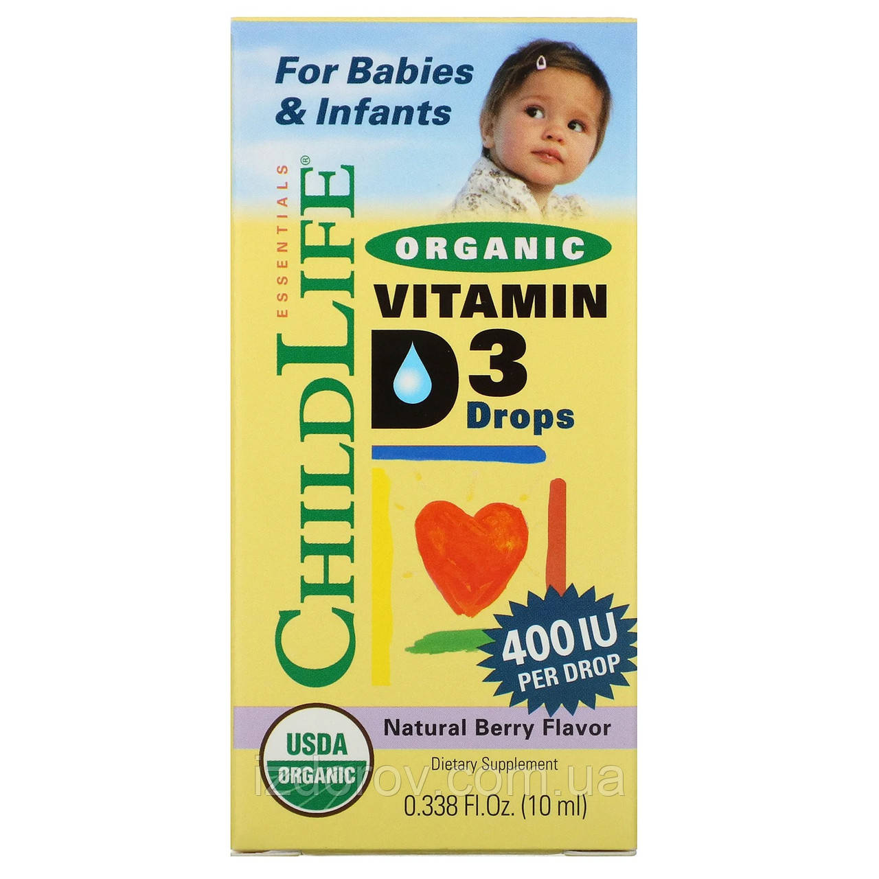 ChildLife, Органічний вітамін D3 в краплях для дітей, натуральний ягідний смак, 400 МО, 10 мл