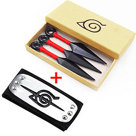 Фірмовий Набір Ітачі / Саске Учіха з аніме Наруто: 3 Червоних Кунаї + Пов'язка в коробочці для Подарунка | Anime Cosplay Itachi