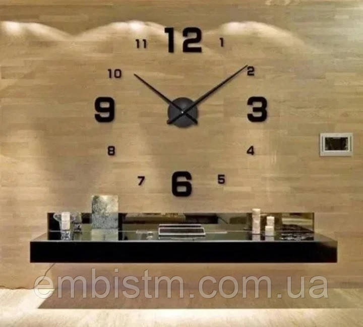 Годинники настінні 3D DIY Clock Великі з цифрами Чорні Стрілка 31 см Незвичайні 3Д Наклейка стікер дому і