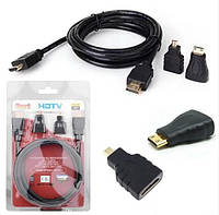 Кабель HDMI-HDMI (1.5m) черный, в комплекте с переходниками miniHDMI и microHDMI