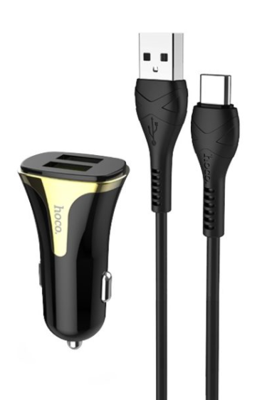 Автомобільний зарядний пристрій (автозарядка) + кабель USB Type-C Hoco Z31 |2USB, QC3.0, 3.4A, 18W| Чорний