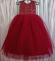 Блестящее бордовое нарядное детское платье-маечка с кружевом и пайетками на 5-6 лет