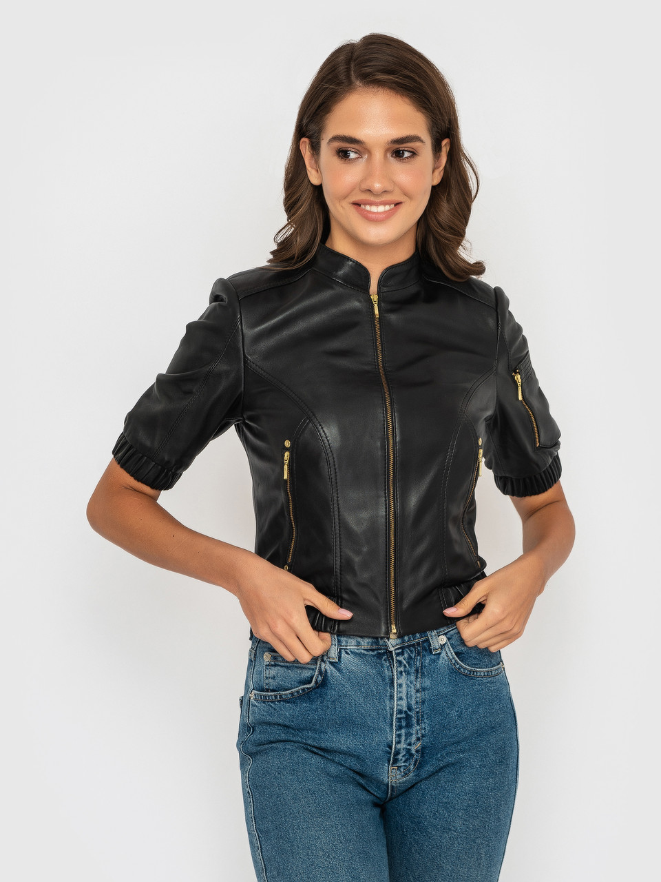 Кожаная куртка с коротким рукавом VK черная женская (Арт. LT311-B) размер S - фото 5 - id-p1405396222