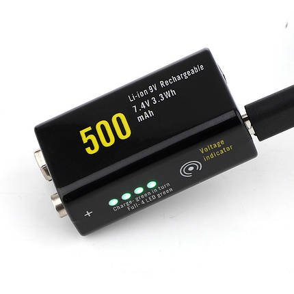 Аккумулятор Soshine USBLi-7.4V-500, 6F22 (крона), microUSB, 7.4V, 500mAh, Li-Po, LED, Black, фото 1