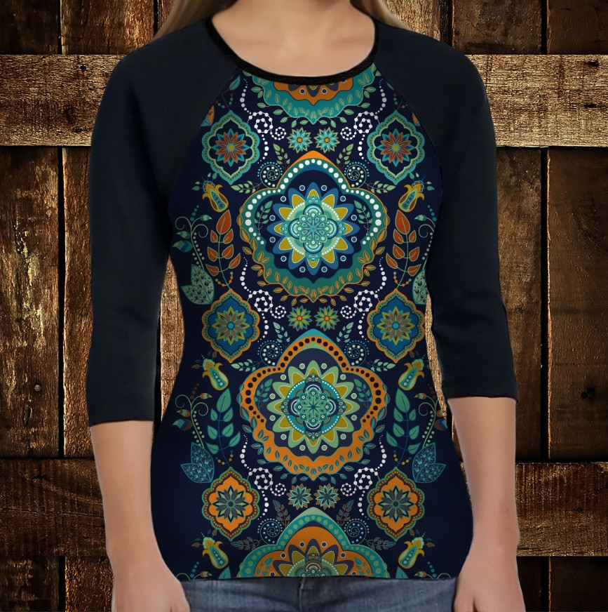 Лонгслив-реглан з 3D принтом: Індійські орнаменти. Синій тон ВСІ Розміри, фото 1