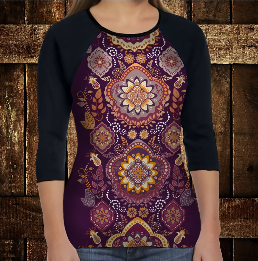 Лонгслив-реглан з 3D принтом: Індійські орнаменти. Фіолетовий тон ВСІ Розміри, фото 1