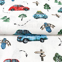 Польська бязь "Машинки червоні, блакитні з деревами", фото 3