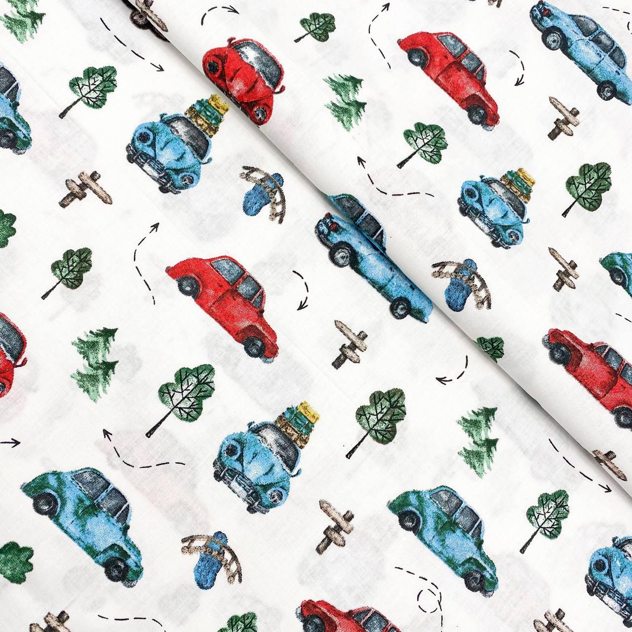 Польська бязь "Машинки червоні, блакитні з деревами", фото 1
