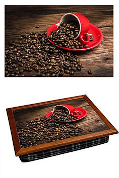 Дерев'яний піднос для сніданку на подушці BST 44 * 36 коричневий Червона чашка з зернами кави