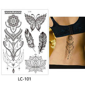 Флеш Тату. 21*15 См. Перевідна. Тимчасова. Мехенді, Менді, Мінімалізм, Набір, Пір’Я, Лотоси, Lc-101 (S), Ч/Б