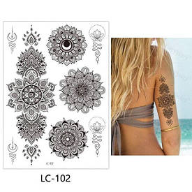 Флеш Тату. 21*15 См. Перевідна. Тимчасова. Мехенді, Менді, Набір, Квіти, Lc-102 (S), Ч/Б