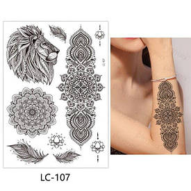 Флеш Тату. 21*15 См. Перевідна. Тимчасова. Мехенді, Менді, Набір, Квіти, Пір’Я, Леви, Lc-107 (S), Ч/Б
