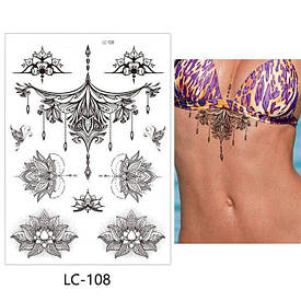 Флеш Тату. 21*15 См. Перевідна. Тимчасова. Мехенді, Менді, Набір, Квіти, Lc-108 (S), Ч/Б