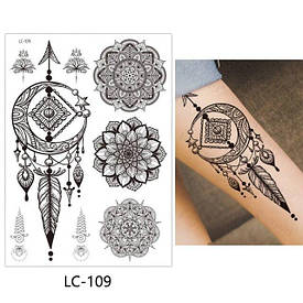 Флеш Тату. 21*15 См. Перевідна. Тимчасова. Мехенді, Менді, Набір, Квіти, Ловець Снів, Lc-109 (S), Ч/Б