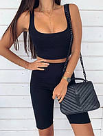 ✅ Жіночий Літній чорний спортивний костюм топ і велосипедки | Комплект для йоги та фітнесу : топік і лосини