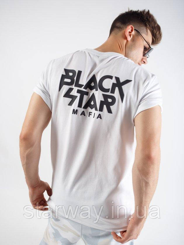 Біла стильна футболка | чорне лого Black Star Mafia