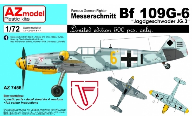 Пластикова модель 1/72 AZ model 7456 німецький винищувач Messerschmitt Bf-109G-6 Jagdgeschwader JG.3