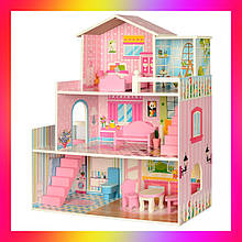 Ляльковий будиночок великий з ляльками і меблями 2251 рожевий. Ляльковий будинок деревяний