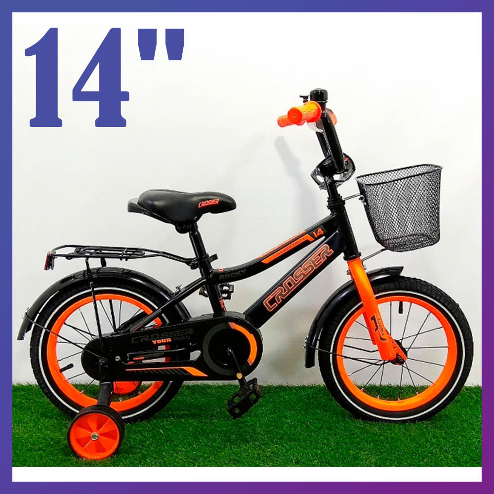 Велосипед дитячий двоколісний з кошиком Crosser Rocky 14" зростання 90-115 см вік 3 до 6 років чорно-помаранчевий