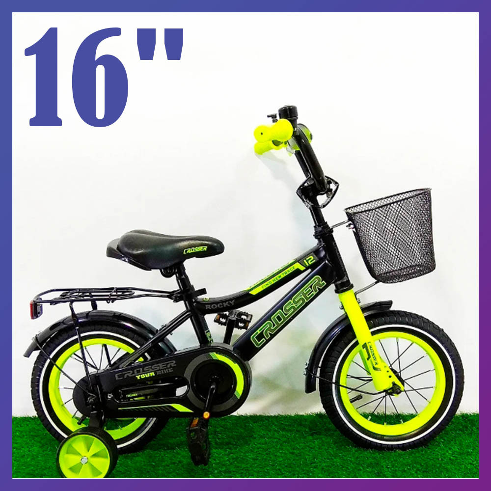 Велосипед дитячий двоколісний з кошиком Crosser Rocky 16" зростання 100-120 см вік 4 до 7 років чорно-салатовий