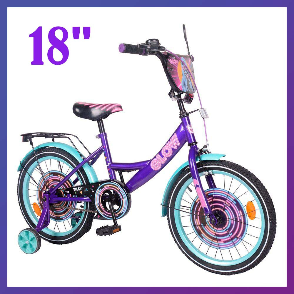 Дитячий двоколісний велосипед Tilly Glow T-218213/1 фіолетовий 18 дюймів для дітей 5-8 років зростанням 110-130 см