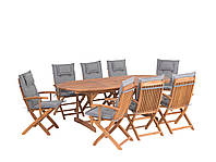 Садовый набор, деревянный стол и 8 стульев с серыми подушками MAUI