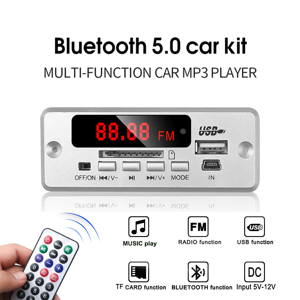 Вбудований MP3 плеєр з Bluetooth, FM модуль, підсилювач, USB, microSD, Медіацентр 5-12v AAR000125