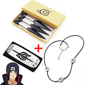 Фірмовий Набір Ітачі Учіха з аніме Наруто: 3 Білих Кунаї + Пов'язка Ітачі + Намисто Ітачі в коробочці для Подарунка | Anime