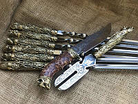 Шампура подарочные с бронзовыми ручками "Дикие звери" с вилкой и ножом, в кожаном колчане