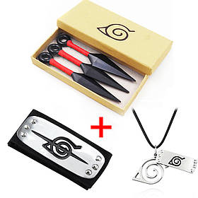 Фірмовий Набір Ітачі Учіха з аніме Наруто: 3 Червоних Кунаї + Пов'язка Ітачі + Кулон Листя в коробочці для Подарунка | Anime