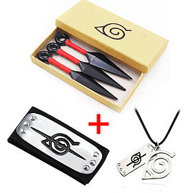 Фірмовий Набір Ітачі Учіха з аніме Наруто: 3 Червоних Кунаї + Пов'язка Ітачі + Кулон Ітачі в коробочці для Подарунка |Anime Naruto